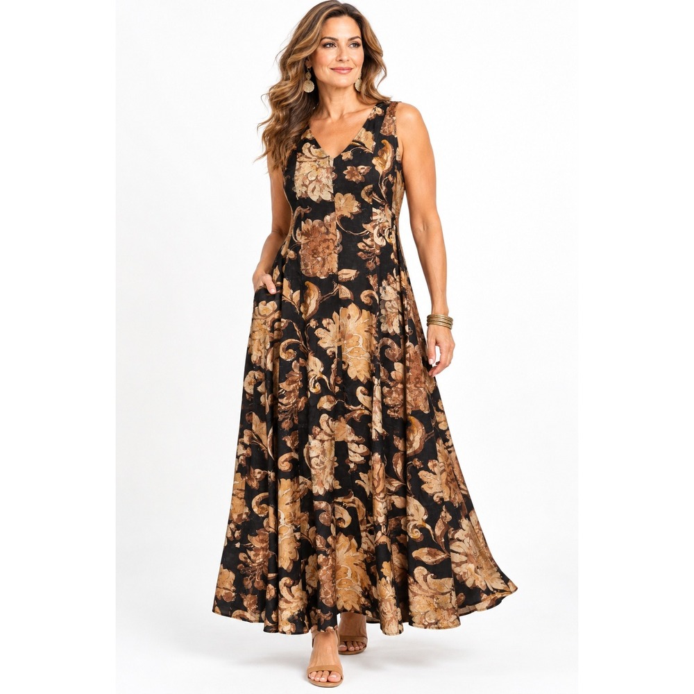Soft Surroundings Flourish Dress 1X Black Brown Floral Maxi Rayon Pockets NWOT